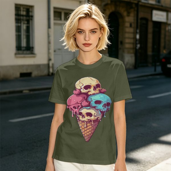 Olive T-Shirt With Skull Ice Cream Cone Graphic