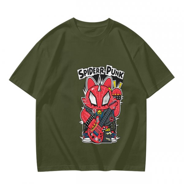 Olive T-shirt with Spider-Punk Cat Playing Guitar Graphic