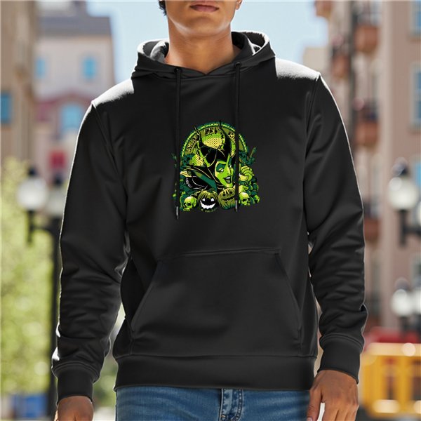 Black Hoodie With Green Witch And Halloween Skull Pumpkin Artwork