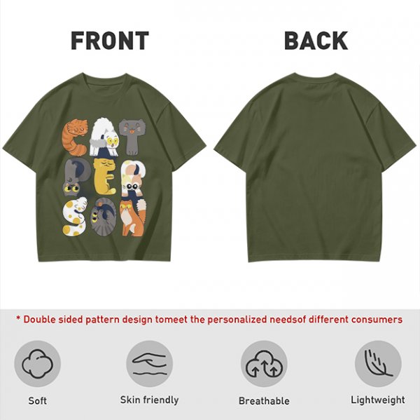 Olive T-Shirt With Cute Cat Letter Graphic Design