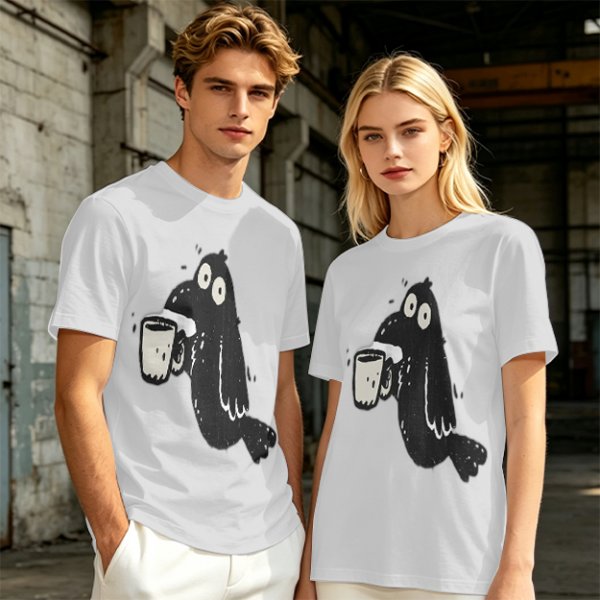 Olive Green T-Shirt With Cartoon Crow Holding Coffee Mug Print