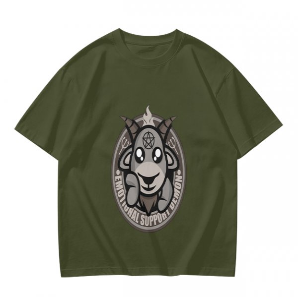 Olive T-Shirt With Cute Emotional Support Demon Goat Graphic