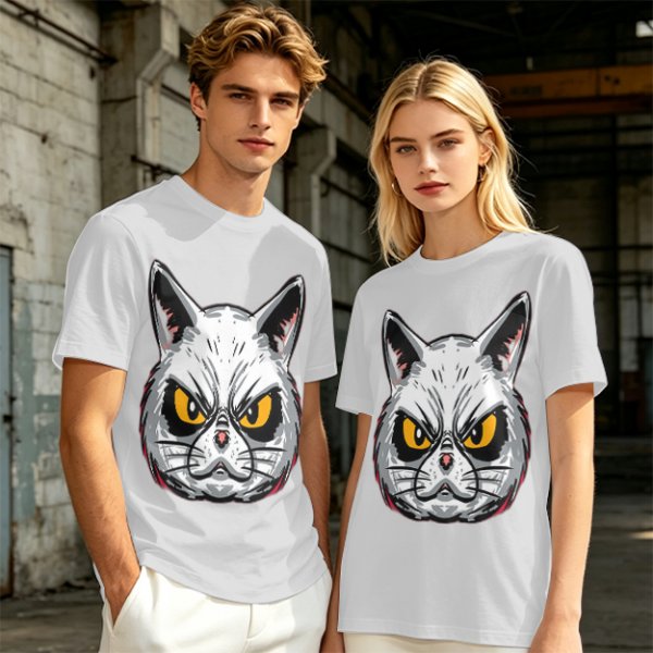Olive T-Shirt With Angry White Cat Face Graphic