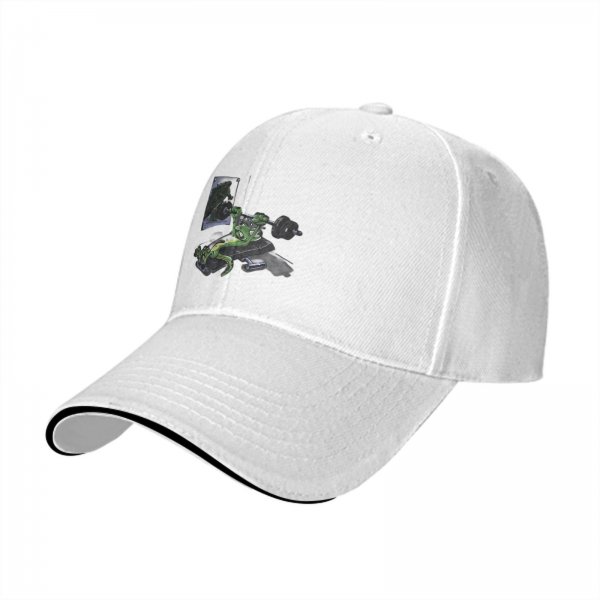 Black baseball cap with a green frog bench pressing weight design