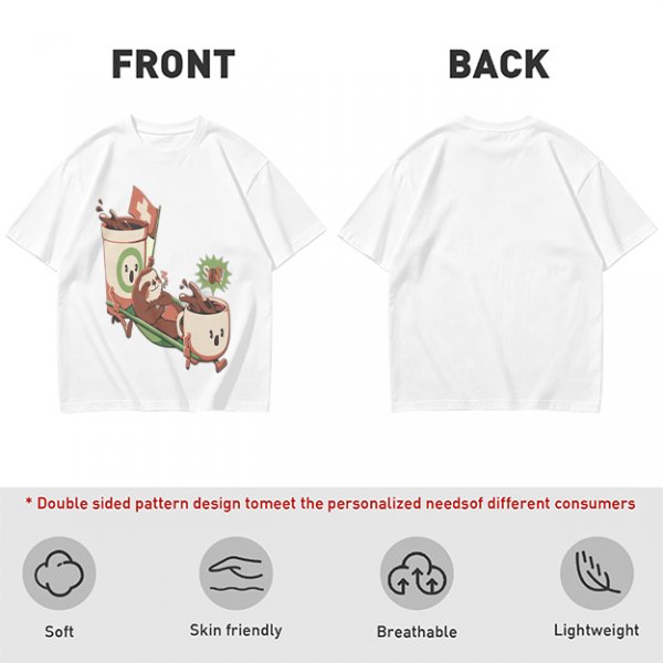 Olive green graphic tee with a sloth relaxing between anthropomorphic coffee mugs