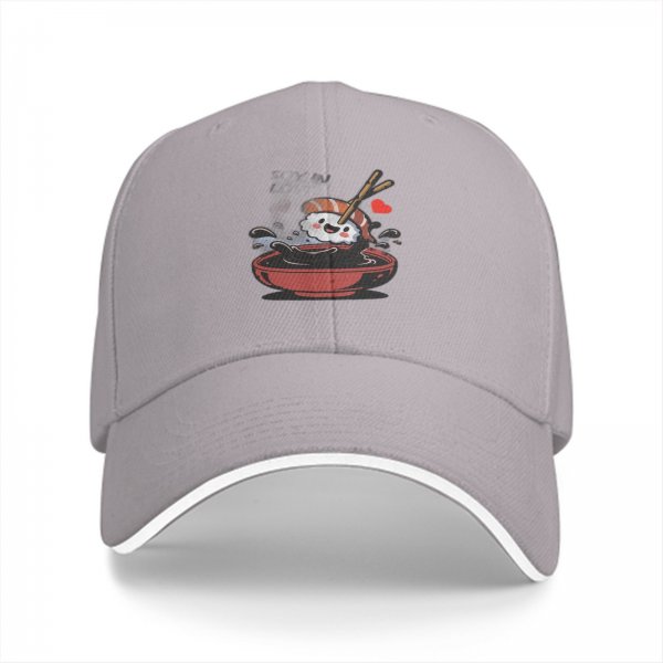 Black Baseball Cap With Cute Sushi In Soy Sauce Bowl Graphic