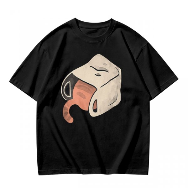 Olive T-Shirt With Whimsical Cat Mug Graphic Print