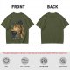 Olive T-shirt with giant cat bus monster and vintage planes graphic