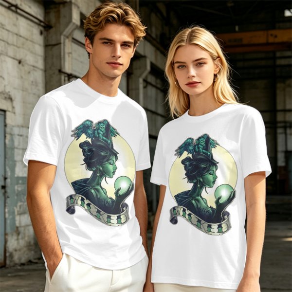 Olive Witch Graphic T-Shirt With Winged Monkey And Crystal Ball