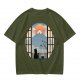 Olive T-shirt with Black Cat Viewing Mount Fuji Sunrise Art