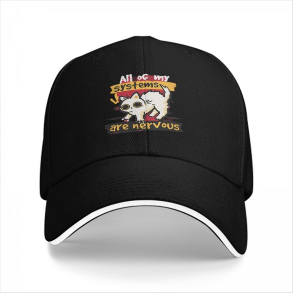 Black baseball cap with nervous cat 'all of my systems are nervous' print