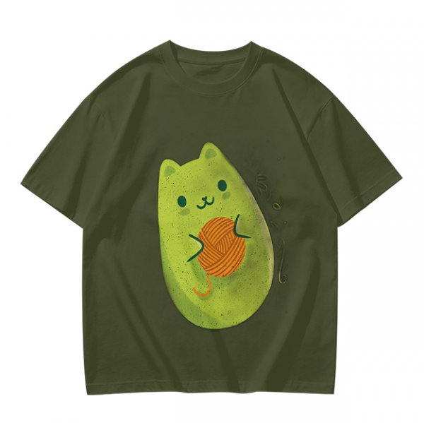 Olive Green T-Shirt With Cute Avocado Cat Holding Yarn Ball Print