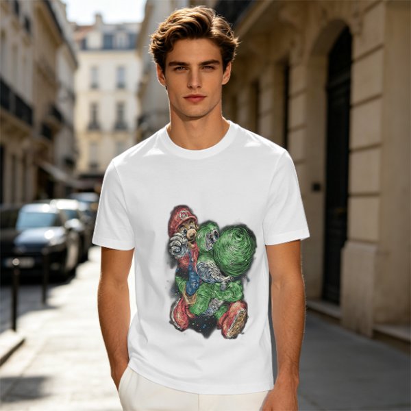 Olive T-shirt with Mario and Yoshi artistic graphic print