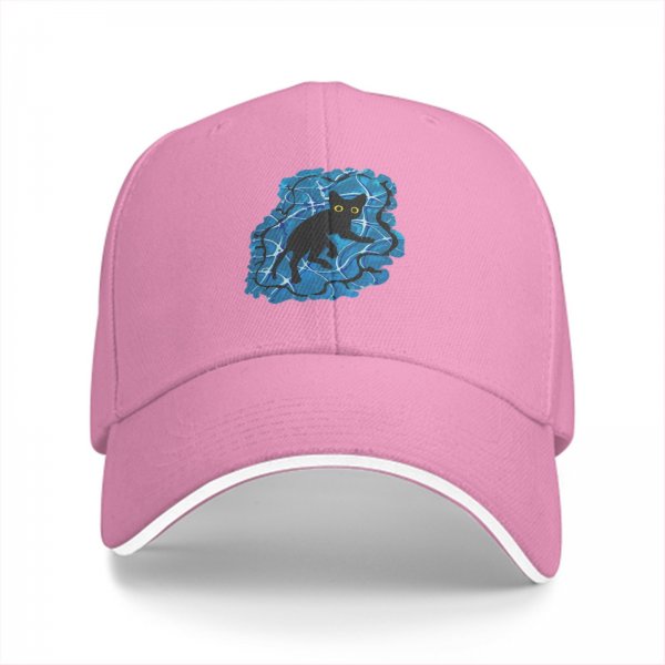 Black Baseball Cap With Playful Black Cat On Blue Abstract Background