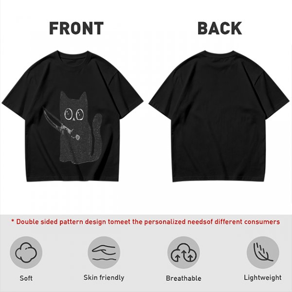 Olive T-Shirt With Cute Black Cat Holding Knife Graphic