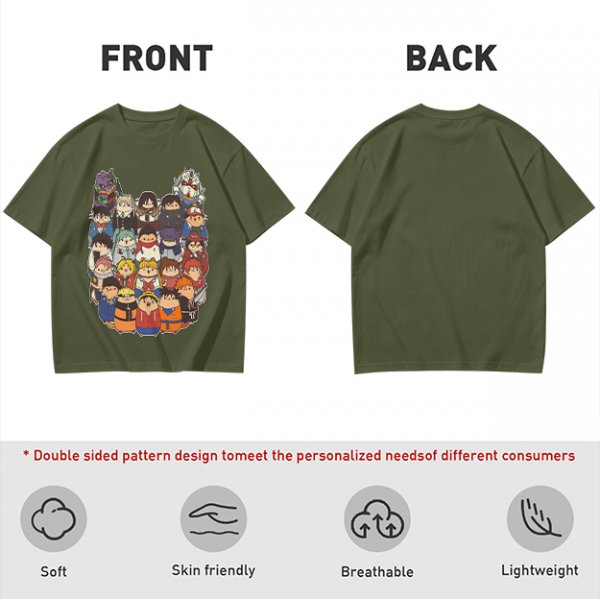 Olive T-shirt with cute chibi anime character group print