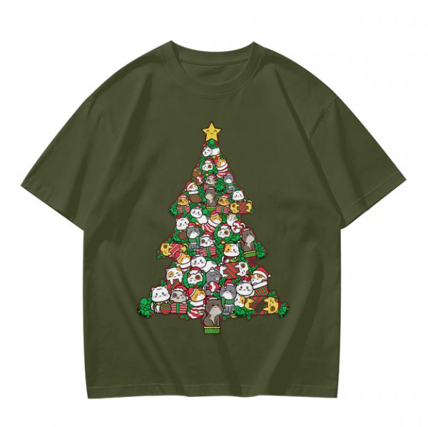 Olive T-Shirt With Cute Cat Christmas Tree Holiday Print