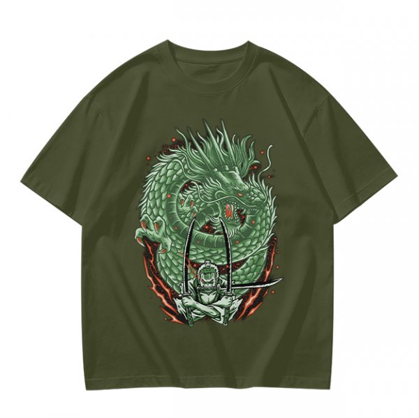 Olive T-shirt with Green Dragon and Samurai Warrior Graphic