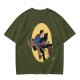 Olive T-shirt with Cartoon Chainsaw Action Character Print