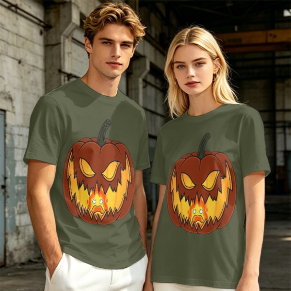 Olive Green T-Shirt With Scary Jack O' Lantern Pumpkin Print