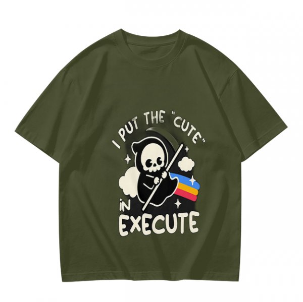 Olive t-shirt with cute grim reaper 'I put the cute in execute' print
