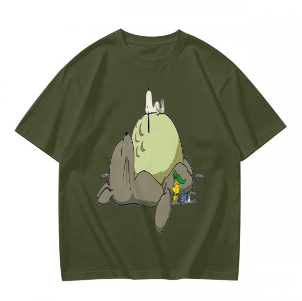 Olive T-shirt with whimsical forest spirit and small animal graphic print