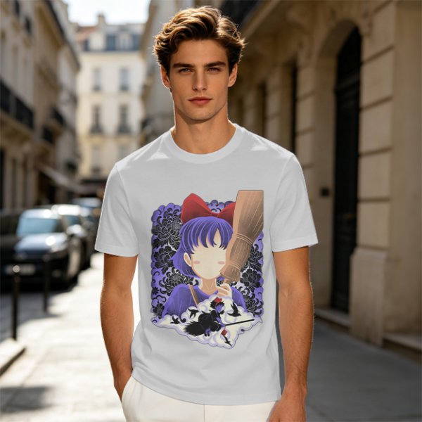 Olive T-Shirt With Witch Anime Girl and Cat Silhouette Print