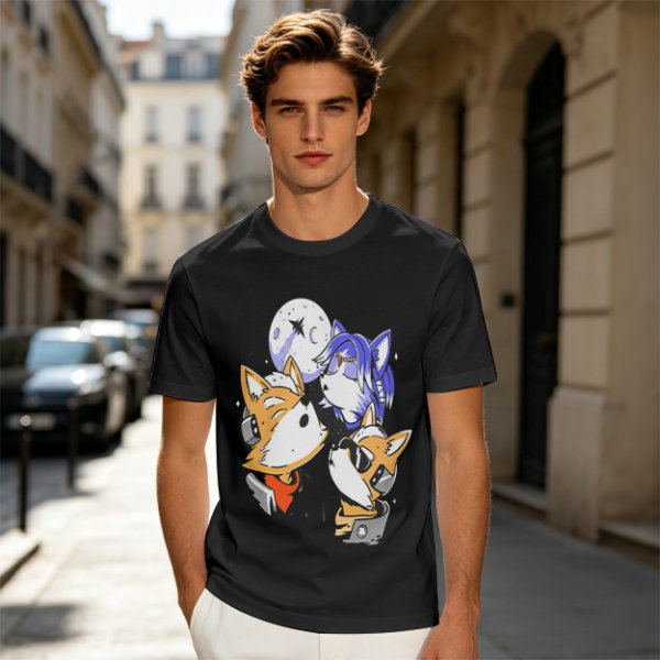 Olive T-shirt with Space Fox Crew Graphic Design