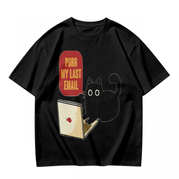 Black cat typing on laptop with 'Purr My Last Email' graphic t-shirt