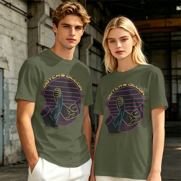 Olive T-Shirt With Dutch & Dillon Arm Wrestling Neon Graphic