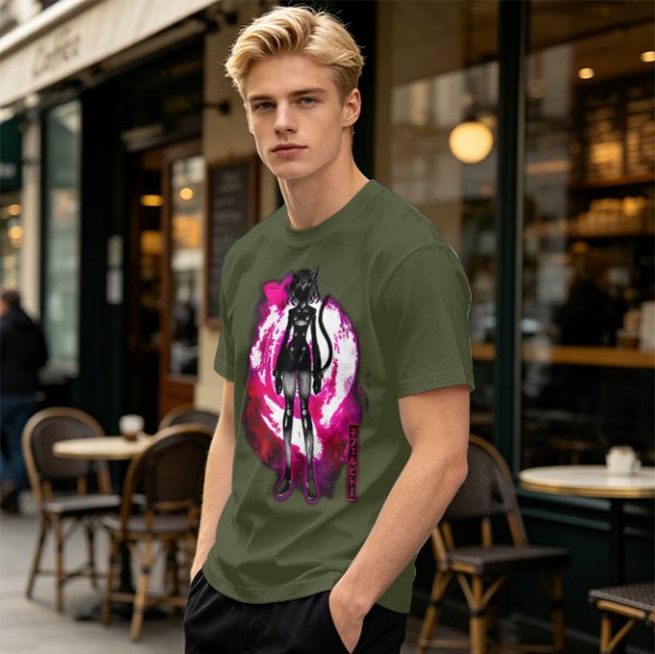 Olive anime cat character graphic t-shirt with pink abstract background