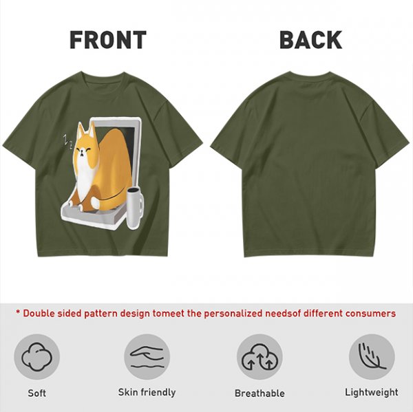 Olive T-Shirt with a Sleeping Cat on a Laptop Print