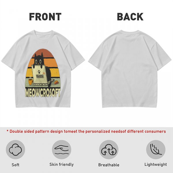 Olive t-shirt with black cat using laptop and Meowcrosoft text