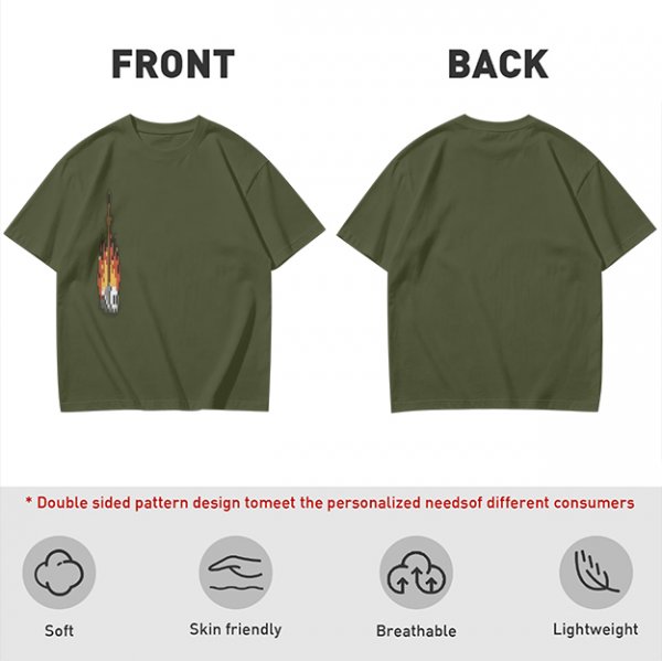 Olive Green T-Shirt With Pixel Art Skull Sword And Fire Print