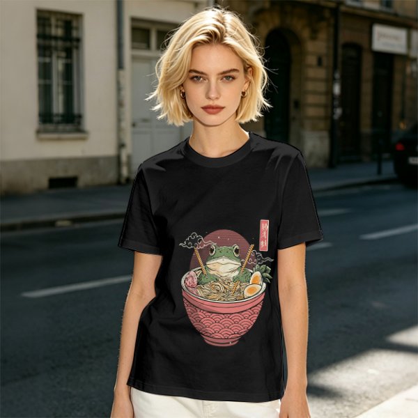 Olive T-Shirt With Frog In Ramen Bowl Japanese Art Print