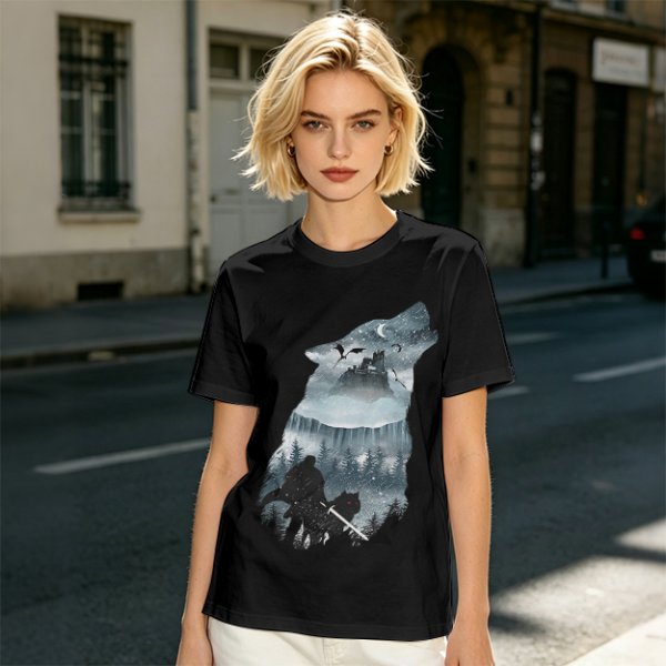 Olive T-Shirt With Howling Wolf Silhouette Winter Fantasy Art Print