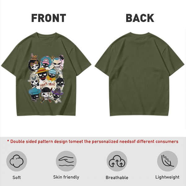 Olive T-Shirt With Pirate Squad Skull Character Print