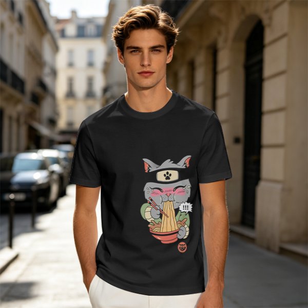 Olive green t-shirt with a ninja cat eating ramen graphic