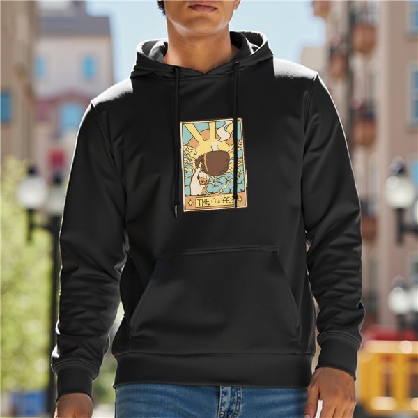 Black Hoodie With Tarot Card Style Coffee Print Design