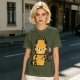 Olive T-Shirt With Grumpy Orange Cat Holding Hot Coffee Print