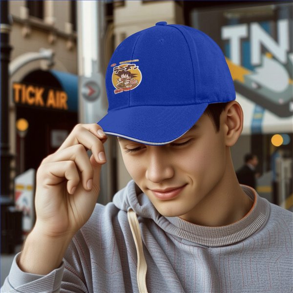Black Baseball Cap with Anime Character Eating Ramen Graphic