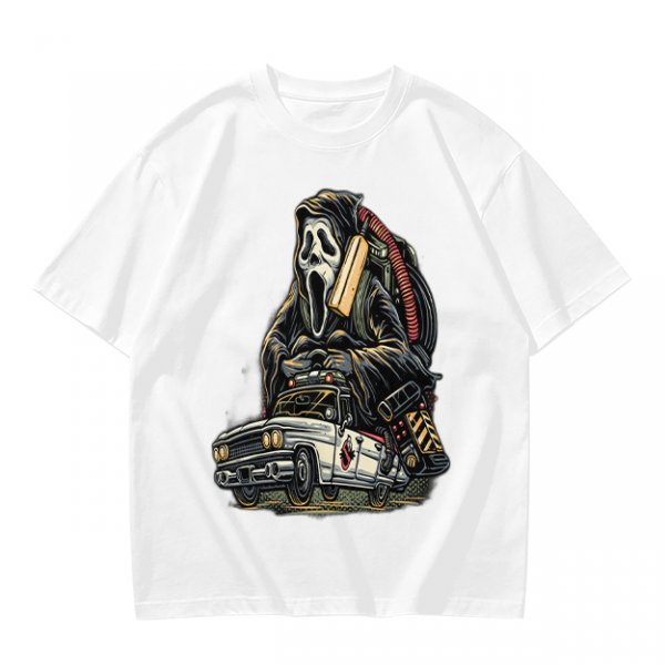 Olive T-shirt with Ghostface driving a Ghostbusters-style car graphic