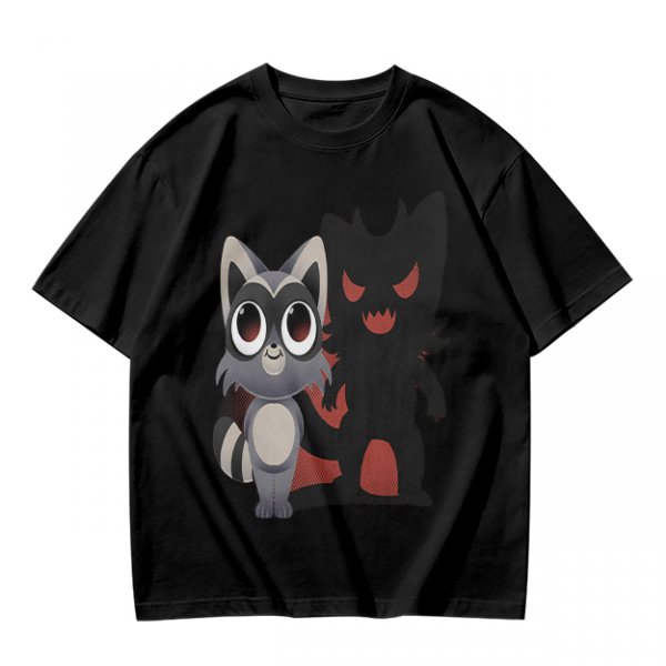 Olive T-Shirt With Cute Raccoon And Shadow Monster Graphic