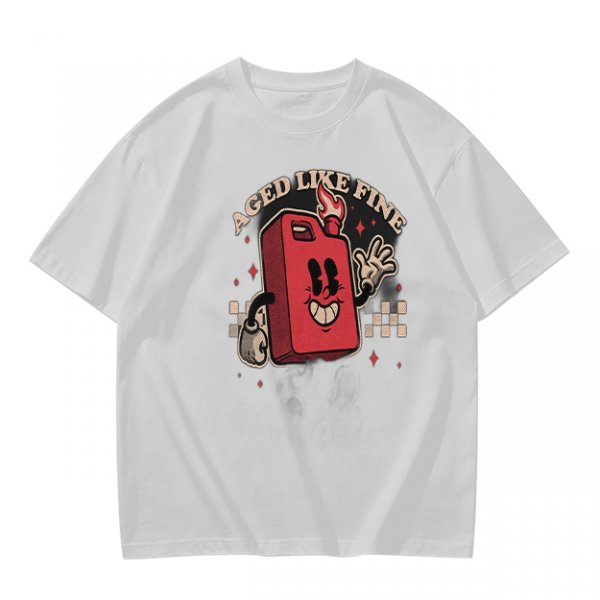 Olive T-Shirt with Retro Cartoon Gas Can 'Aged Like Fine' Print