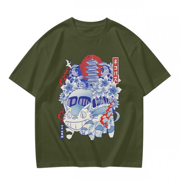 Olive green t-shirt with cat bus and Japanese traditional art print