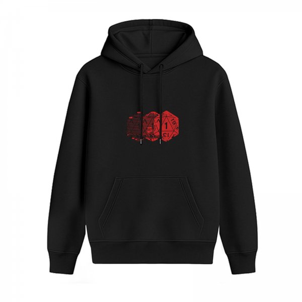 Black Hoodie With Glitch D20 Critical Fail Print For Tabletop RPG Fans