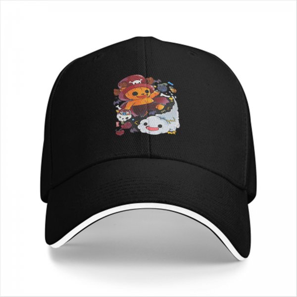 Black baseball cap with cute anime pirate character and cloud graphic