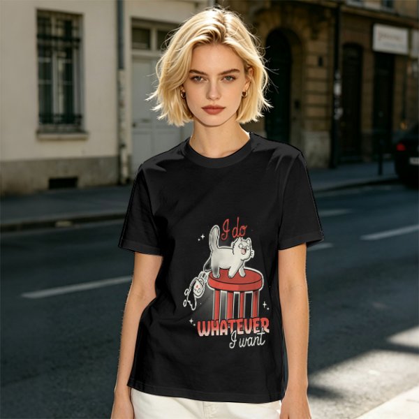 Olive graphic tee with a white cat on a stool and the text I do whatever I want