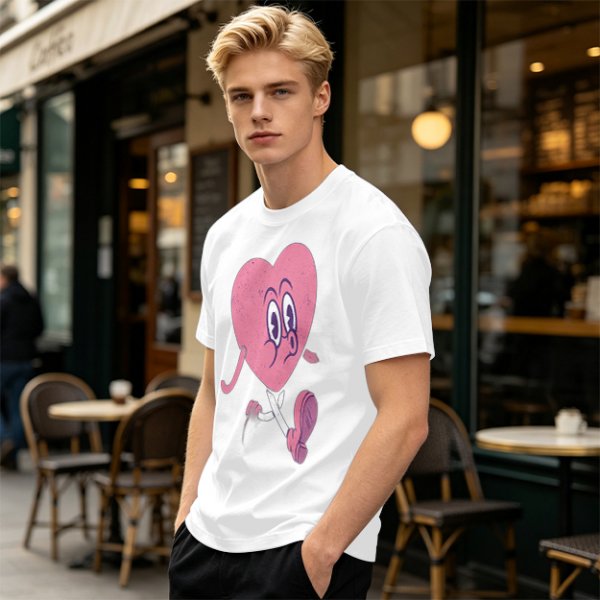 Oversized Olive T-Shirt with Retro Walking Pink Heart Cartoon Graphic