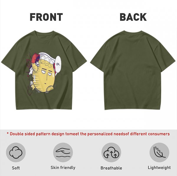 Oversized Olive T-Shirt with Saitama 'OK' Anime Graphic Print